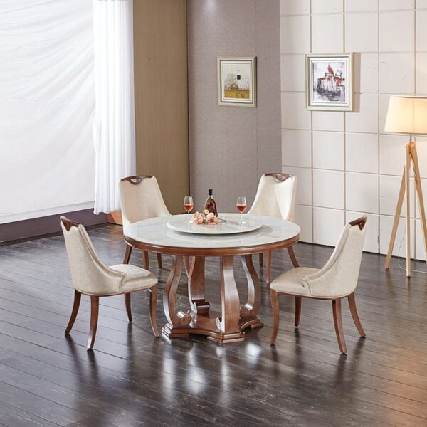 Elegant 4-Seater Round Marble Top Dining Set with Carved Wooden Base & Upholstered Chairs