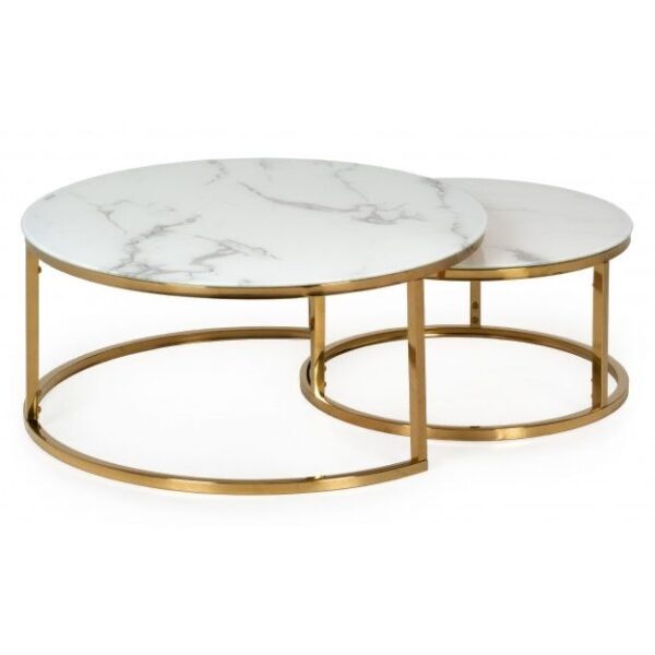 Round Marble Top Nesting Center Tables with Rose Gold PVD-Coated Base – Set of 2