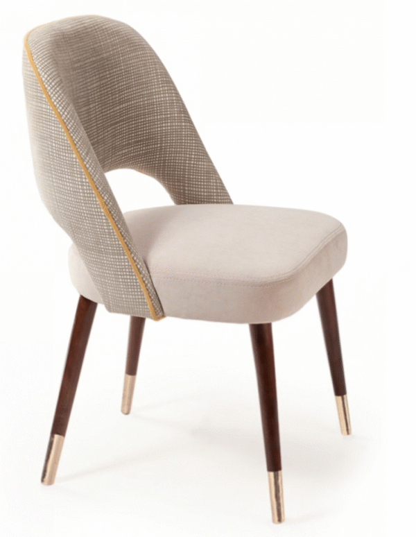 Elegant Mid-Century Upholstered Chair with Gold-Tipped Legs – Beige & Patterned Back
