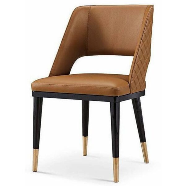 Luxurious Tan Leather Dining Chair with Quilted Back and Gold-Tipped Black Legs