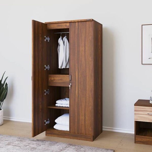2 Door Wooden Wardrobe with Hanging Rod and Shelves