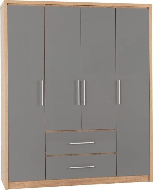 Modern 4 Door Wardrobe with Drawers – Grey Finish & Wooden Frame