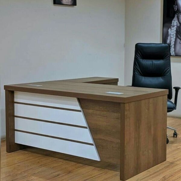 L-Shaped Executive Office Desk – Wood Finish with White Front Panel Accents
