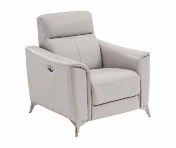 Contemporary Gray Leather Power Recliner with Chrome Legs
