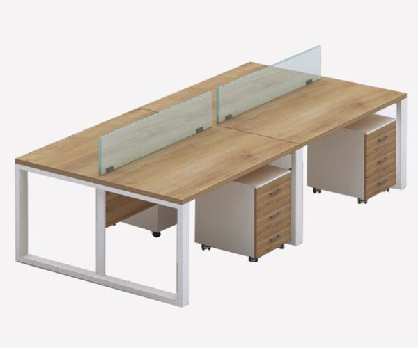 4-Seater Modular Workstation Table with Glass Partition – Natural Wood Finish
