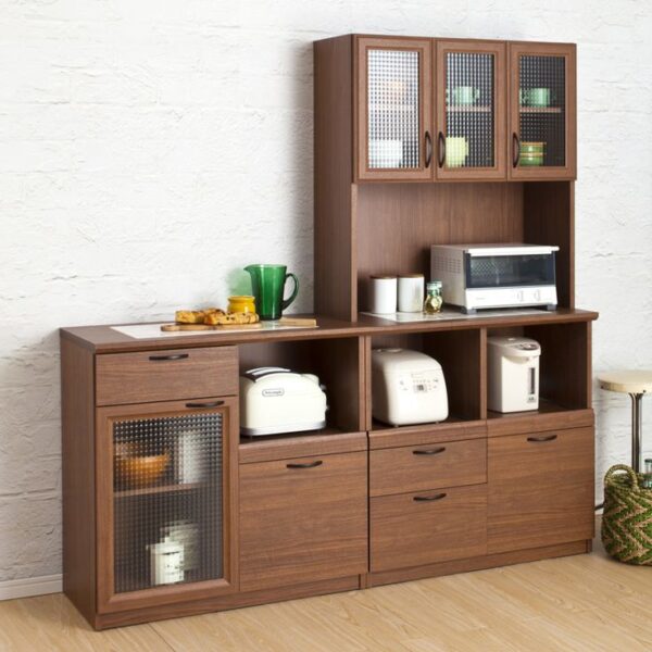 Dark Wood Multi-Compartment Kitchen Storage Cabinet with Grid Glass Doors