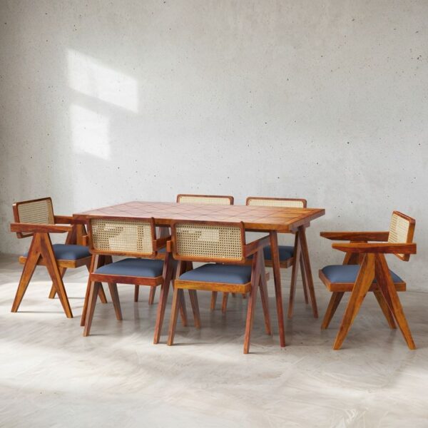 Solid Wood & Cane Dining Set – 6 Seater with Armchairs