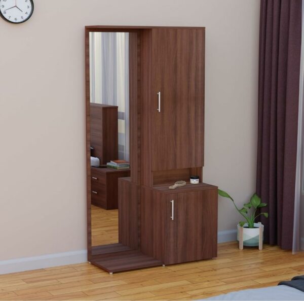 Contemporary Wooden Dressing Unit with Mirror, Cabinets & Footrest