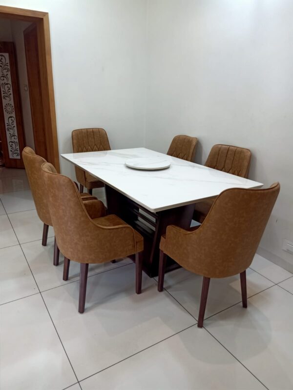 6-Seater Marble Top Dining Table with Tan Leatherette Chairs