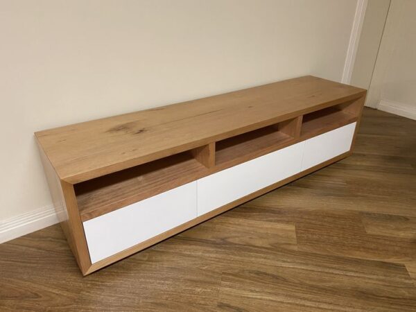Modern Low-Profile TV Console with White Front Drawers and Open Shelving