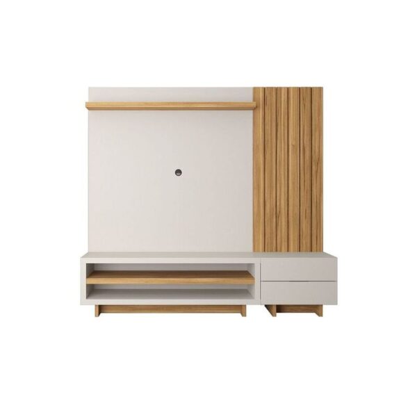 Scandinavian Style TV Wall Unit with Slatted Panel and Dual Drawer Storage