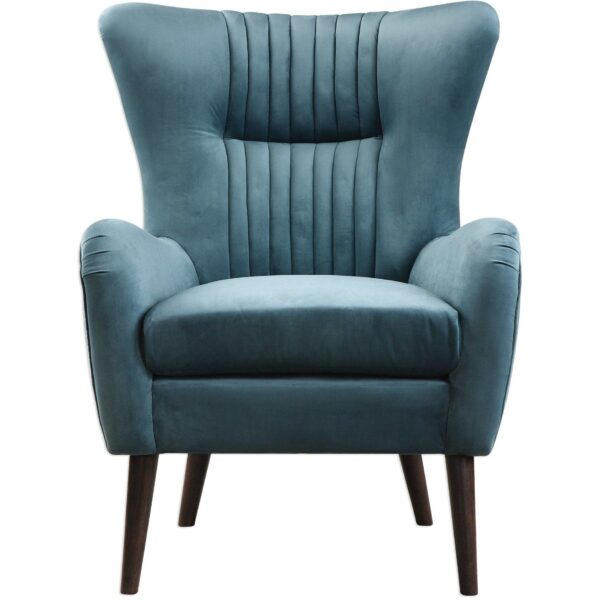 Luxury Blue Velvet Accent Chair with Wooden Legs — Modern Living Room Armchair
