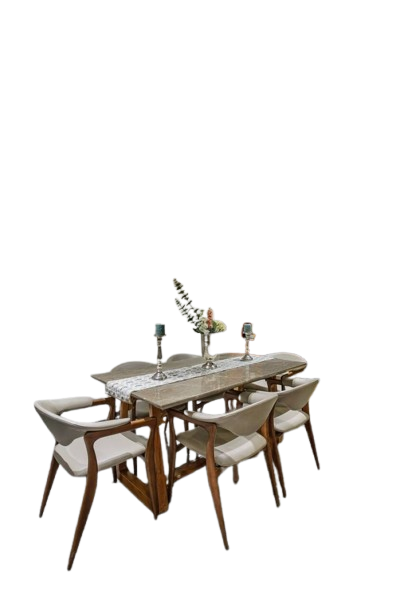 6-Seater Modern Marble-Top Dining Table Set with Upholstered Walnut Wood Chairs