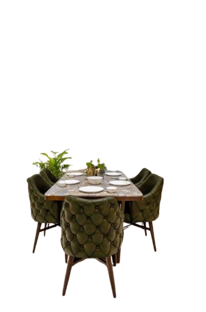 Luxury Green Velvet Dining Chair Set with Marble Top Table – 6 Seater