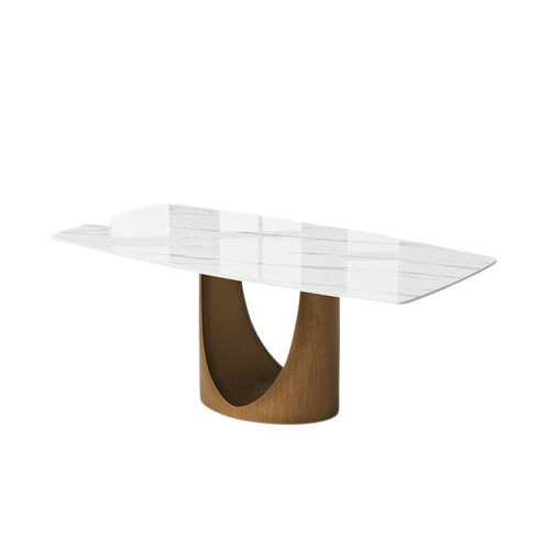 Hobart Modern Minimalist Dining Table for 4 | Sintered Stone Top with U-Shape Bronze Steel Pedestal