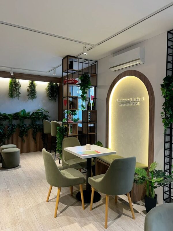 Modern Indoor Cafe Table Set with Olive Green Chairs