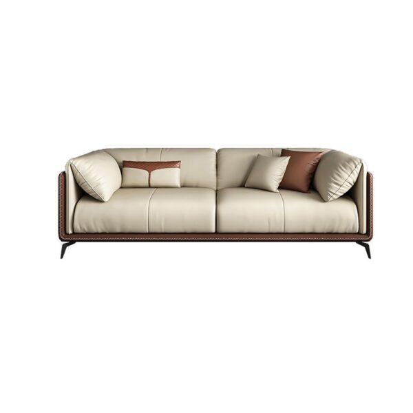 Modern Beige Leather Sofa with Contrast Trim & Cushions