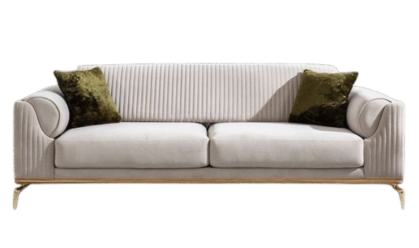 Luxury Velvet Upholstered 3-Seater Sofa with Gold Base & Olive Green Cushions