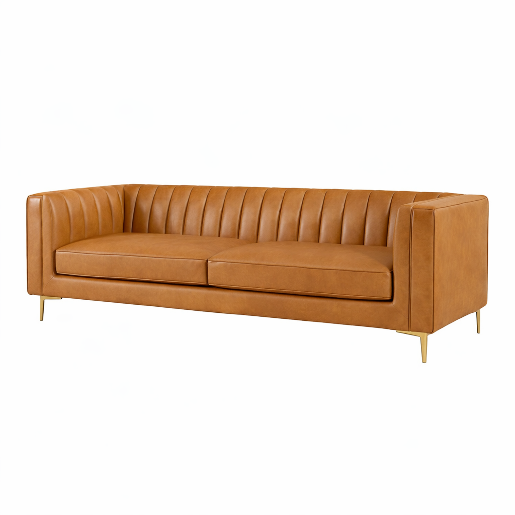 Luxury Tan Leather 3-Seater Sofa with Channel Tufted Back & Gold Metal Legs – Modern Contemporary Couch