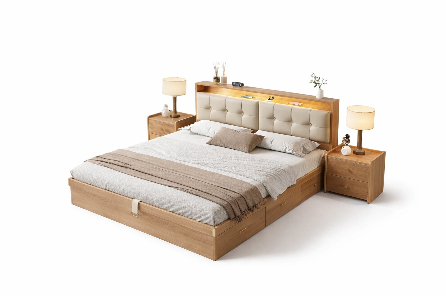 Modern Wooden Storage Bed with Upholstered Headboard & Side Drawers