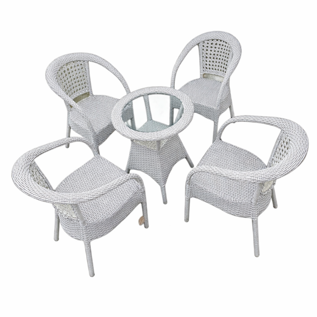 4 Seater White Rattan Dining Set with Glass Top Table – Outdoor Wicker Garden & Balcony Furniture