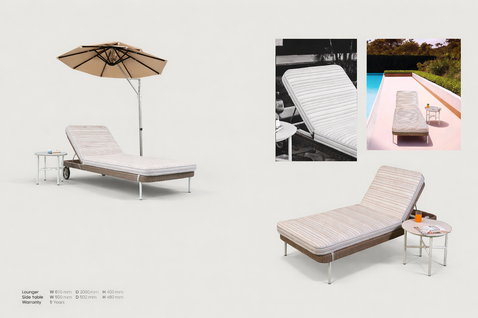 Luxury Outdoor Wicker Sun Lounger with Cushion, Side Table & Umbrella – Poolside Patio Recliner Set