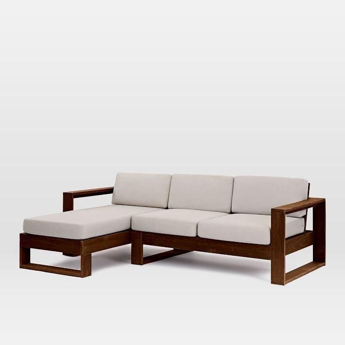 Modern Wooden L-Shape Sofa with Beige Cushions – Contemporary Corner Couch for Living Room