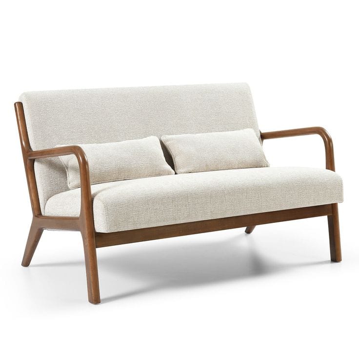 Modern Wooden Frame 2-Seater Sofa with Beige Upholstery – Mid-Century Style Couch