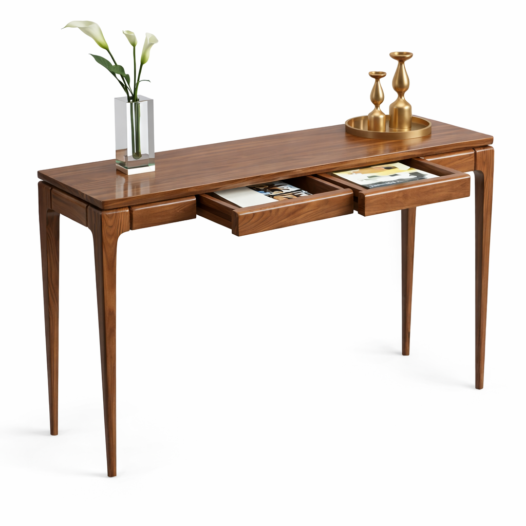 Mid-Century Solid Wood Console Table with Dual Drawers – Slim Entryway & Hallway Accent Table