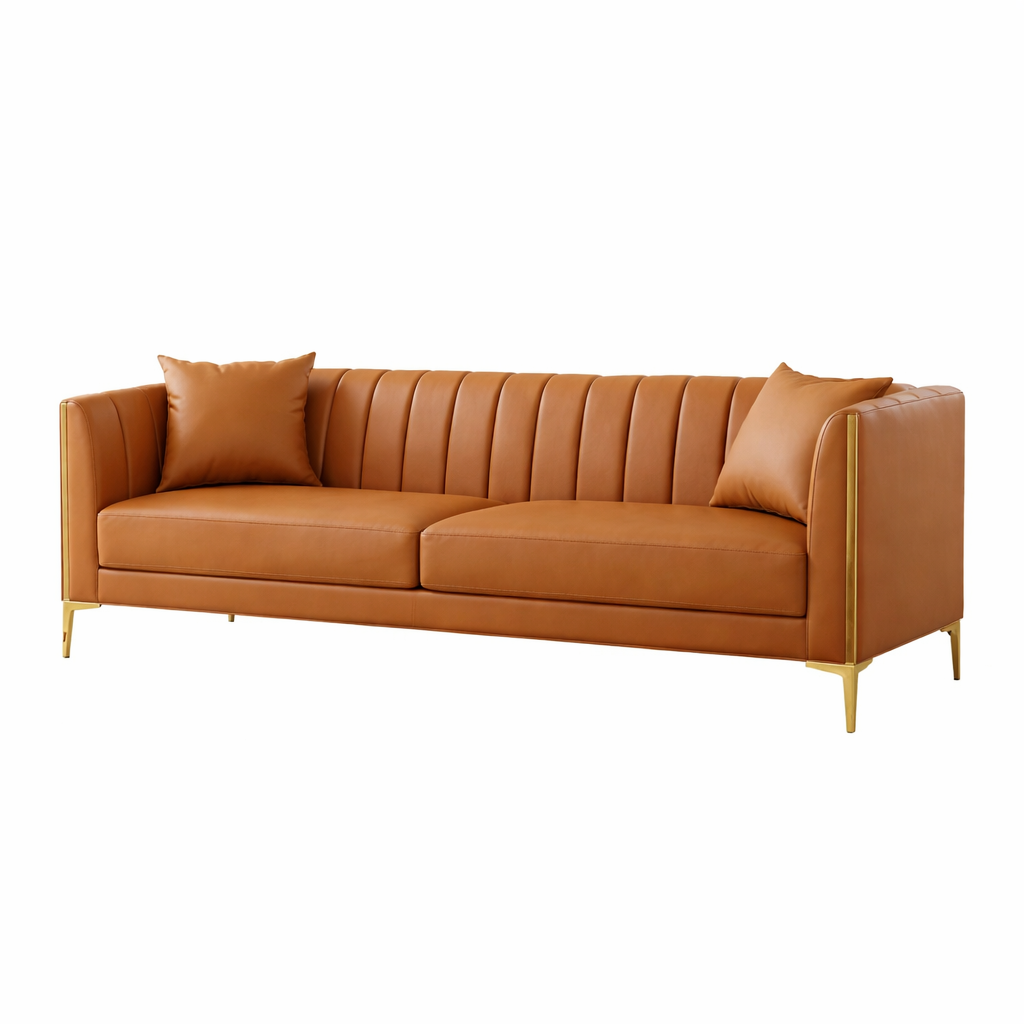 Modern Cognac Leather 3-Seater Sofa with Channel Tufted Back & Gold Metal Legs – Luxury Contemporary Couch