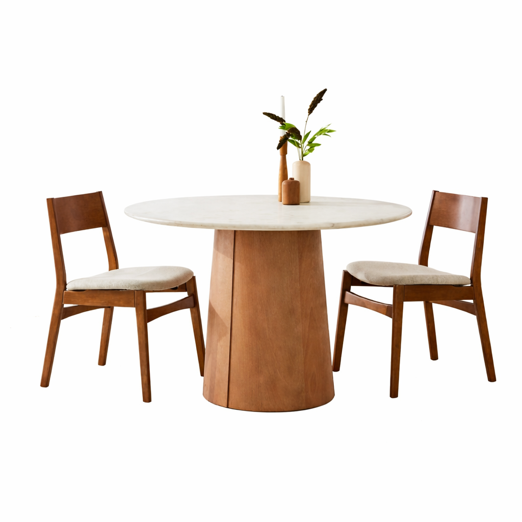 Modern Round Marble Dining Table Set with Solid Wood Pedestal Base & 2 Cushioned Chairs
