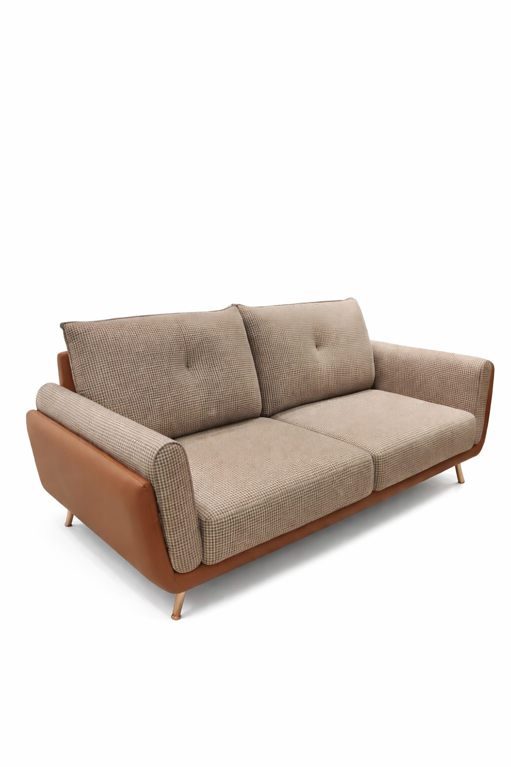 Modern Brown Leather & Check Fabric 2 Seater Sofa with Wooden Legs