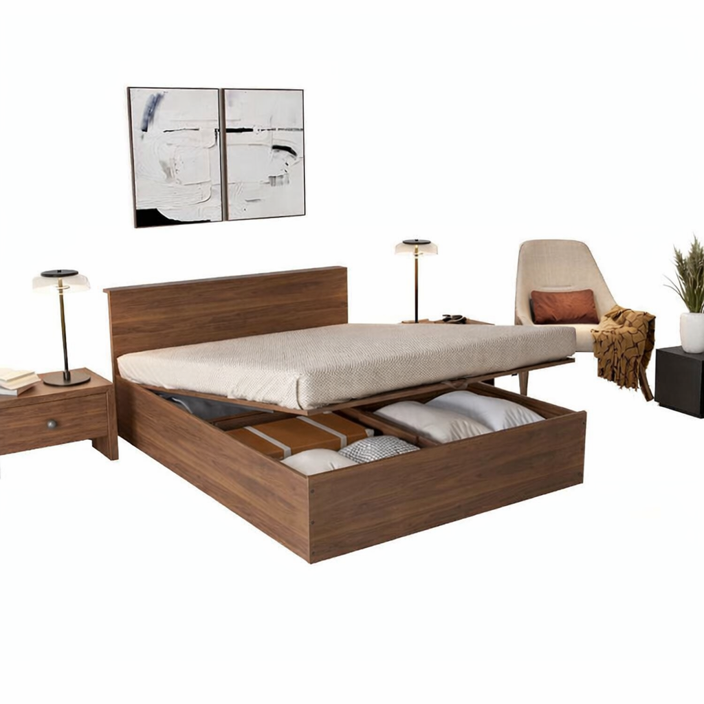 Contemporary Wooden Hydraulic Storage Bed with Minimal Headboard