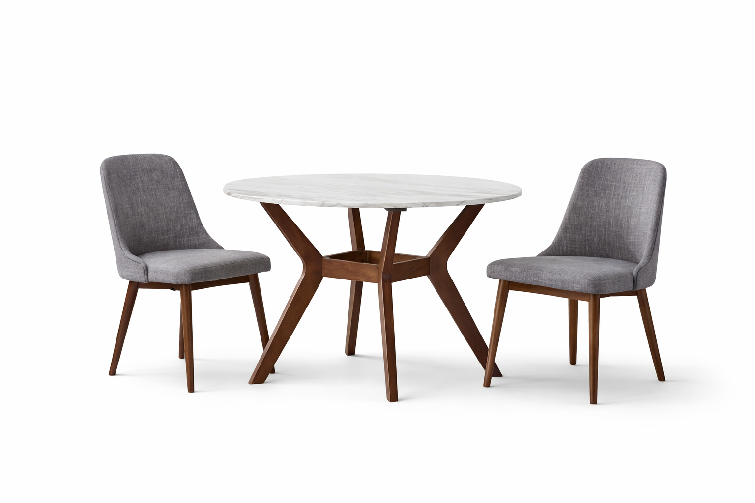 Modern Round Marble Dining Table Set with Solid Wood Cross Base & 2 Grey Upholstered Chairs