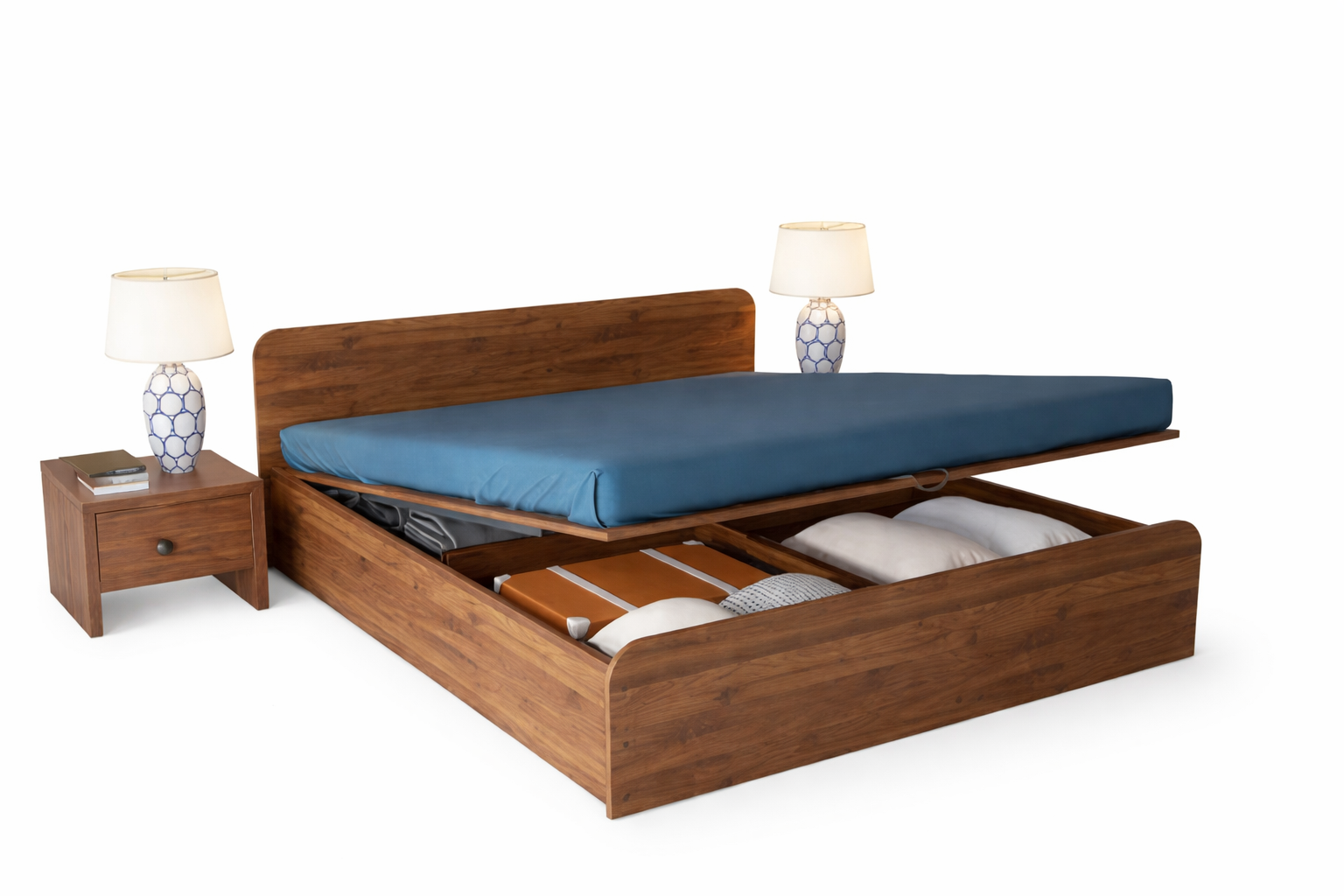 Modern Solid Wood Hydraulic Storage Bed with Curved Headboard