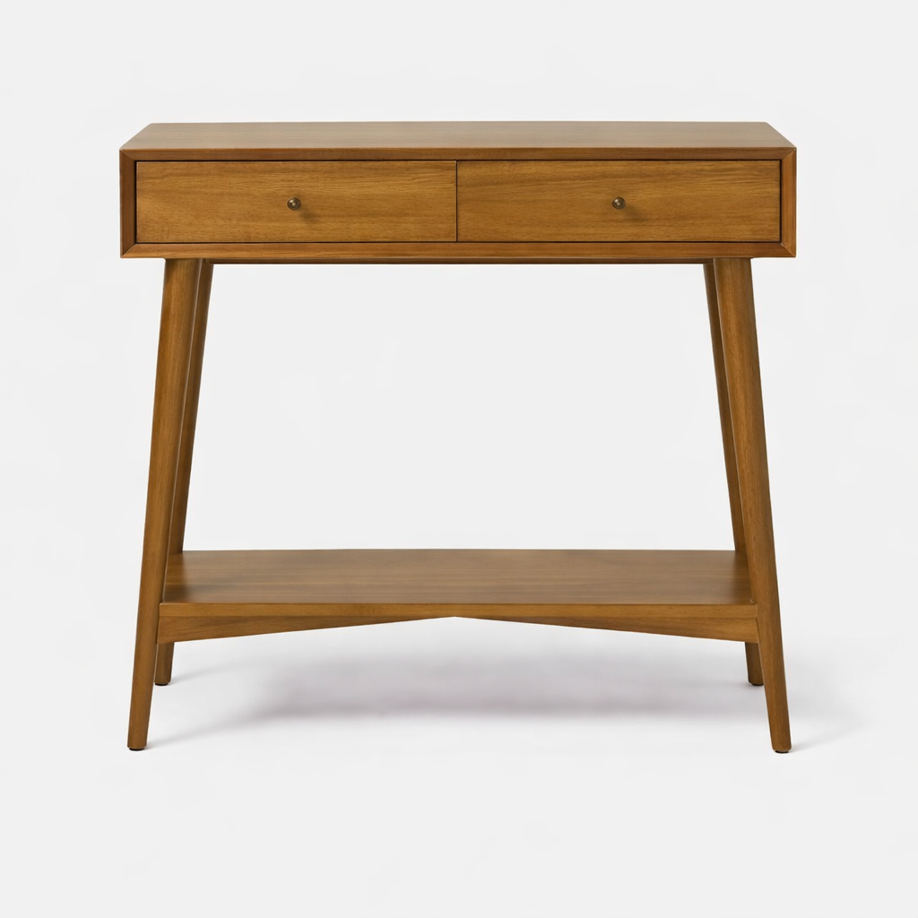 Mid-Century Modern Wood Console Table with Drawers and Lower Shelf – Entryway & Living Room Accent Table