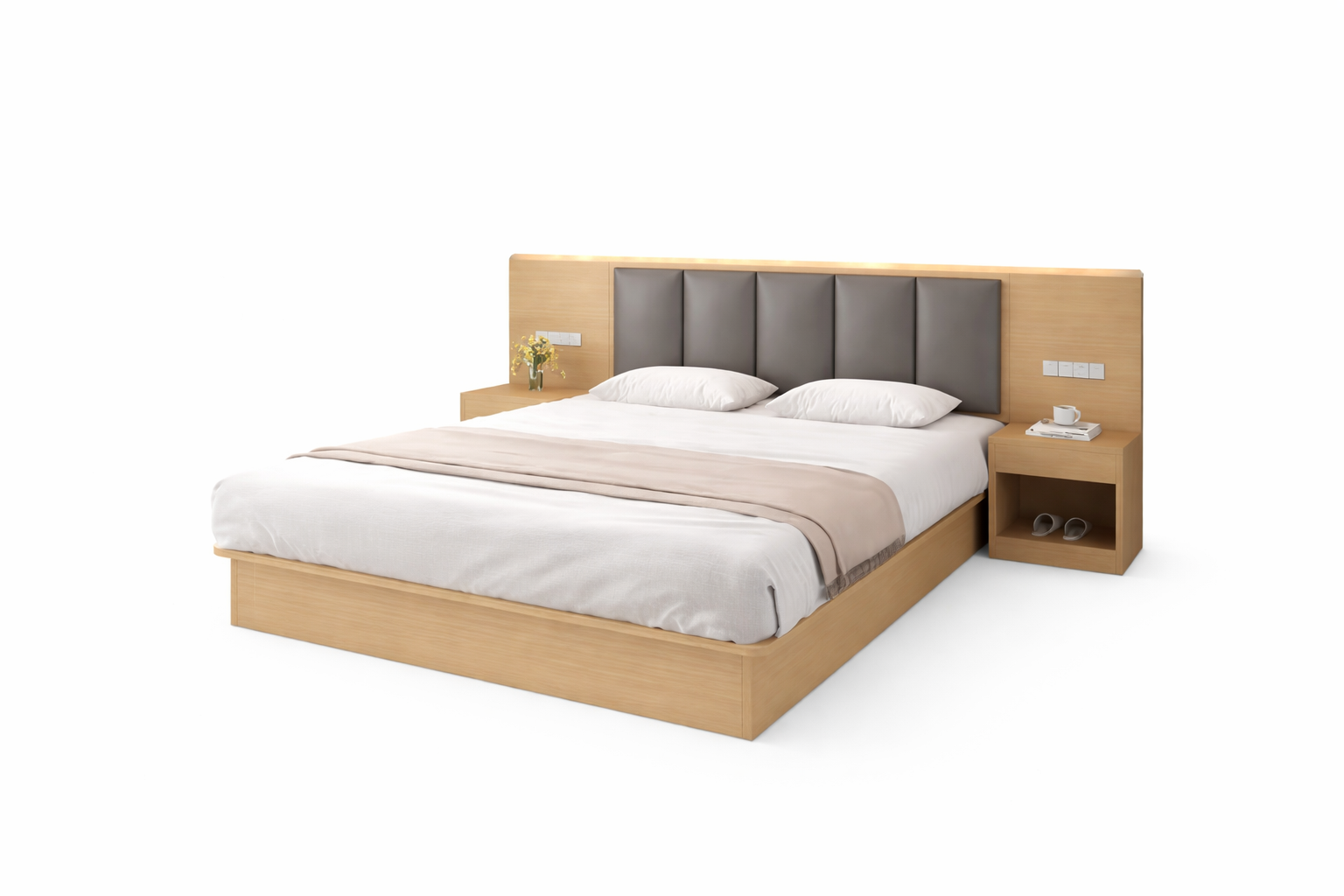 Modern Wooden Platform Bed with Upholstered Panel Headboard