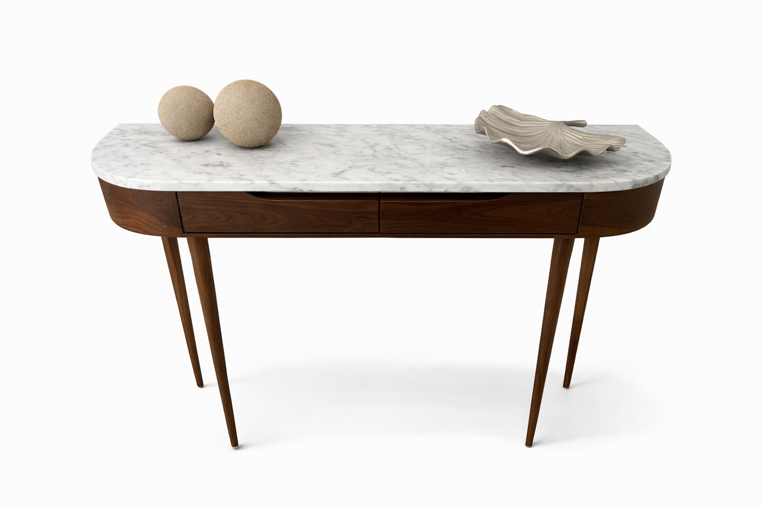 Mid-Century Modern Marble Top Console Table with Drawers – Solid Wood Entryway Accent Table