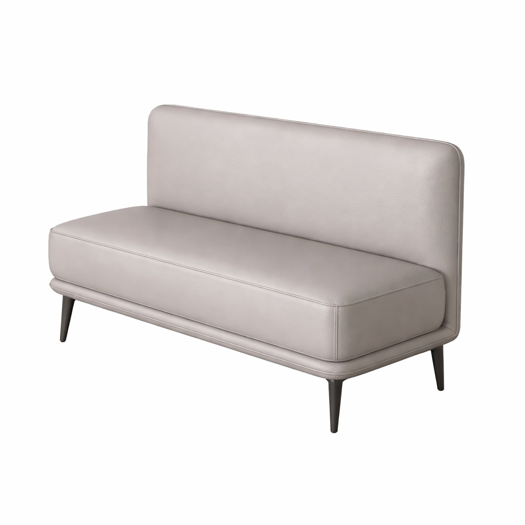 Modern Light Gray Upholstered Bench Sofa with High Back & Tapered Metal Legs – Contemporary Armless Couch