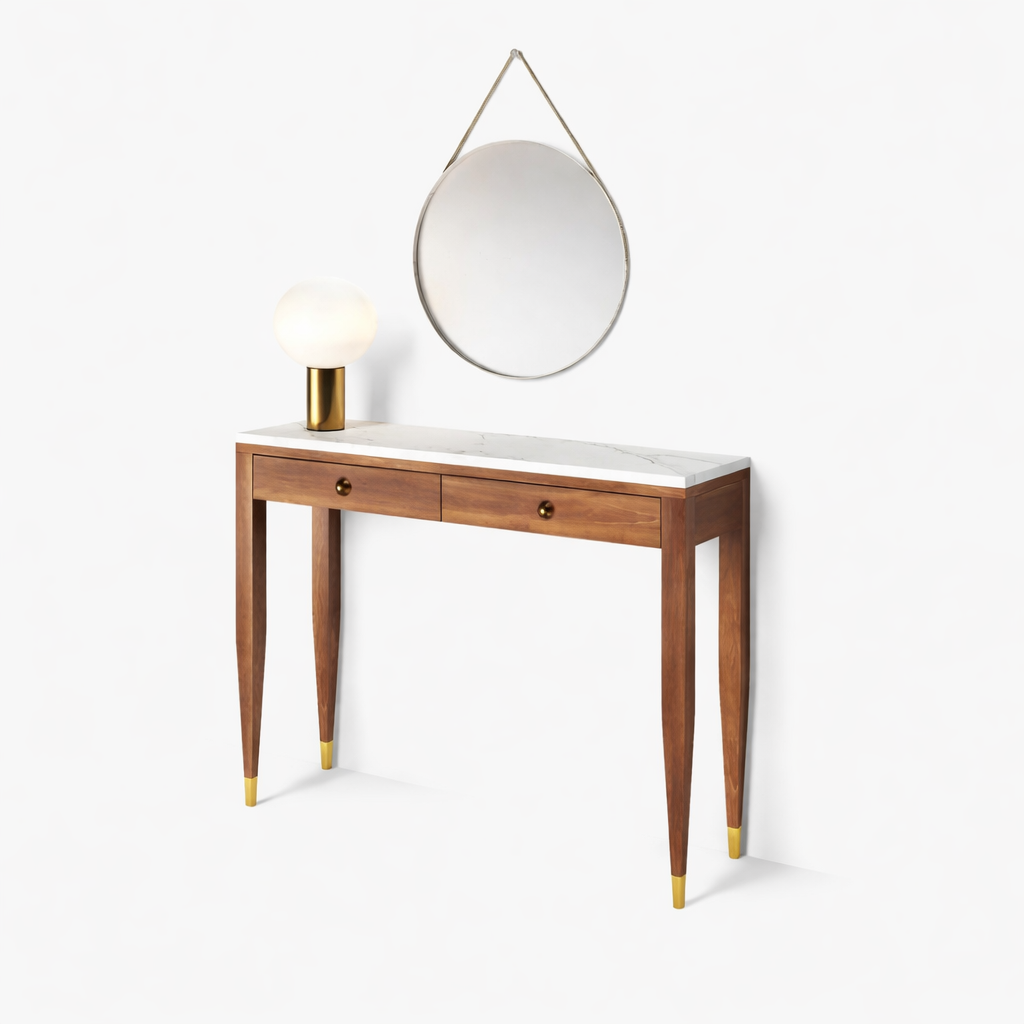 Mid-Century Marble Top Console Table with Drawers – Solid Wood Entryway Table with Brass Accents