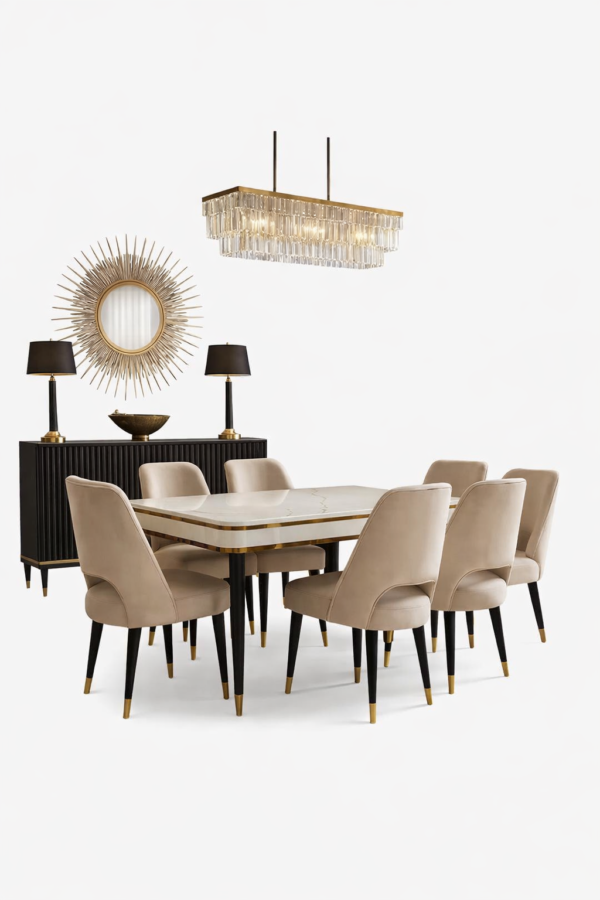 Luxury 6 Seater Marble Top Dining Table Set with Upholstered Chairs ...