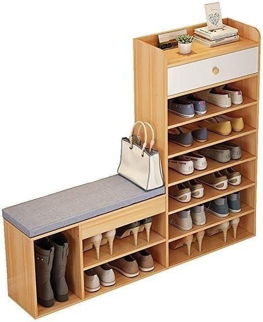Wooden Shoe Rack with Cushion Seat & Drawer – Space Saving Shoe Cabinet Bench Organizer in Ahmedabad